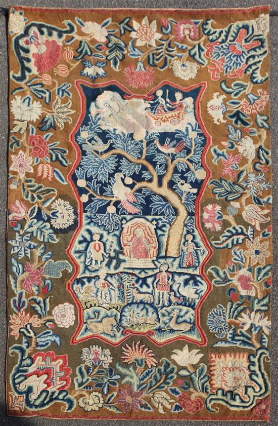 An early Georgian needlepoint wall hanging, 18th century, 260cm x 162cm, re-lined